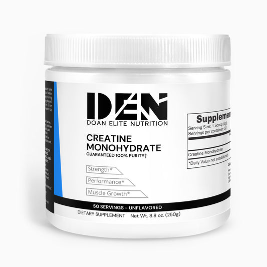 Doan Elite Nutrition Creatine Monohydrate 100% - Unlock your full workout potential with our 100% Pure Creatine Monohydrate. Designed for athletes and fitness enthusiasts, our premium powder offers unrivaled purity and potency to enhance muscle strength, power, and endurance. Free from additives and fillers, each scoop delivers the purest form of creatine, ensuring maximum results.