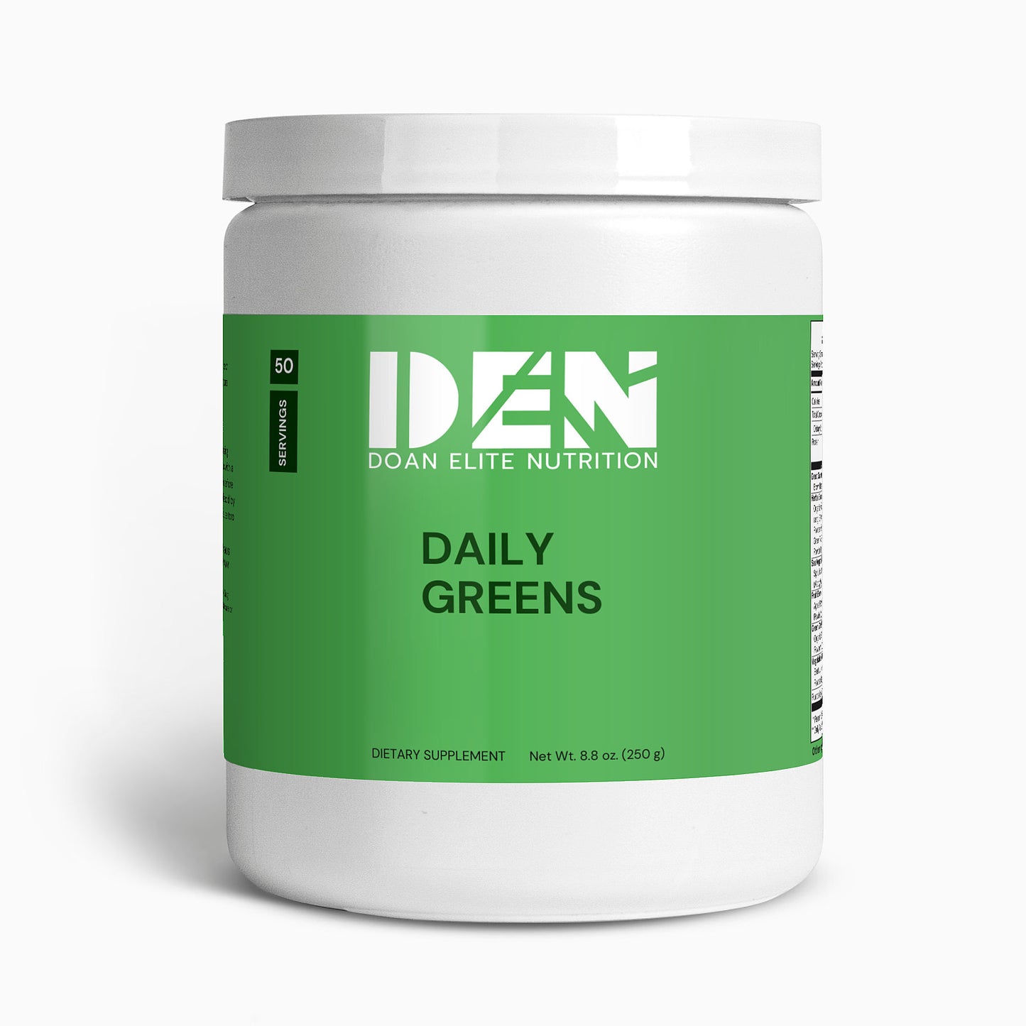Doan Elite Nutrition Daily Greens: Meticulously crafted blend of organic grasses, superfoods, B-Vitamins, and botanical extracts, this whole-food formula boosts mental and physical functionality. Packed with nature's finest offerings.
